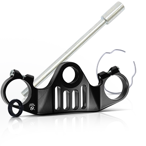 Schwarze Motorrad-Gabelbrücke mit Lenkrohr und Dichtungsringen aus Metall und Gummi.